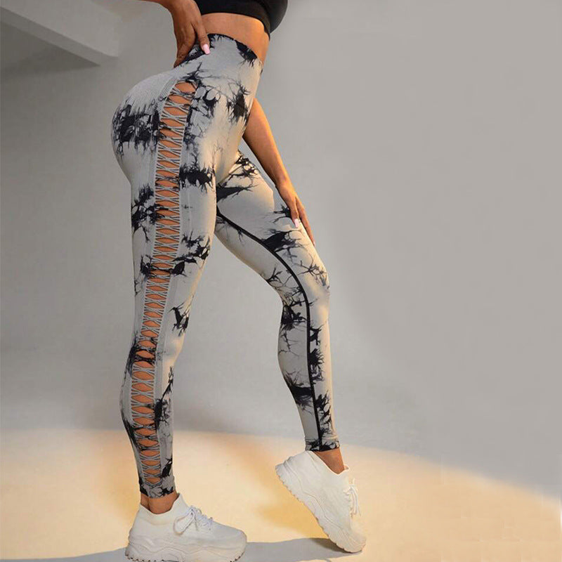 Hollow Tie Dye Printed Yoga Pants High Waist Seamless Pants For Women