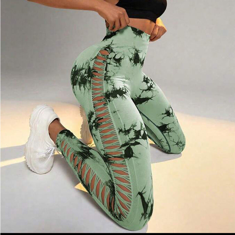 Hollow Tie Dye Printed Yoga Pants High Waist Seamless Pants For Women