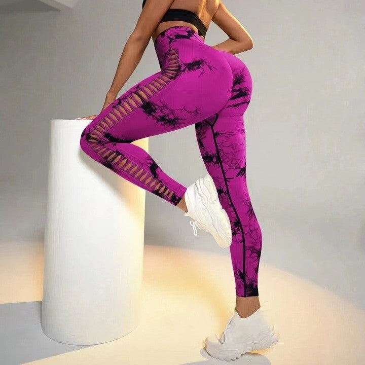 Hollow Tie Dye Printed Yoga Pants High Waist Seamless Pants For Women