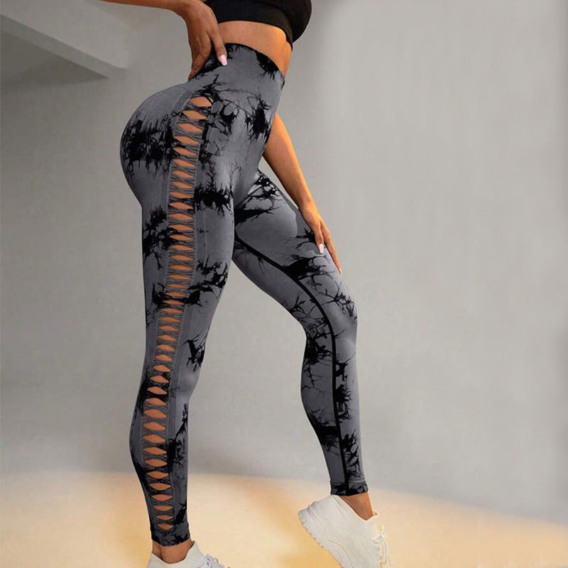 Hollow Tie Dye Printed Yoga Pants High Waist Seamless Pants For Women