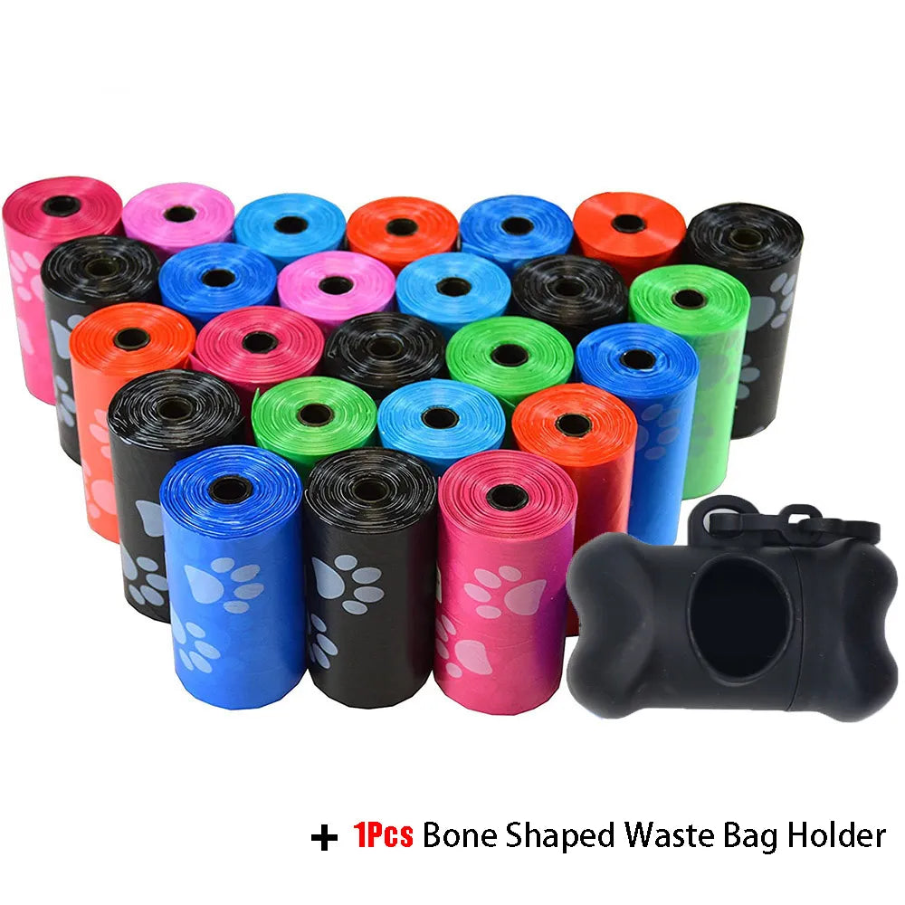 Disposable Dog Waste Bags, Bulk Poop Bags with Leash Clip and Bone Bag Dispenser 5Roll(75Pcs) Bags with Paw Prints