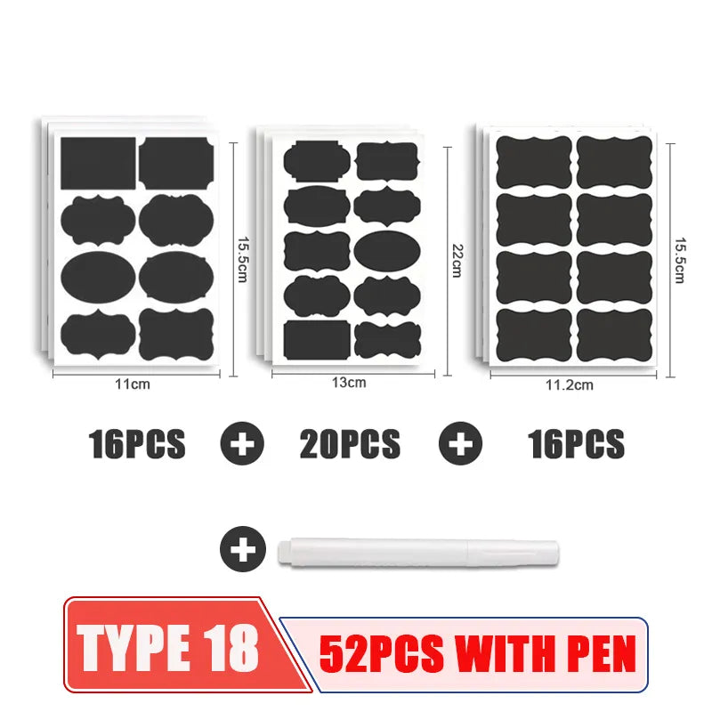 8-52PCS/Set Jars Labels Erasable Chalkboard Sticker Waterproof with White Marker Pen