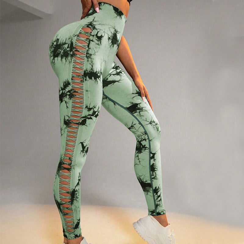 Hollow Tie Dye Printed Yoga Pants High Waist Seamless Pants For Women