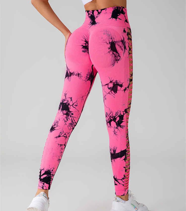 Hollow Tie Dye Printed Yoga Pants High Waist Seamless Pants For Women