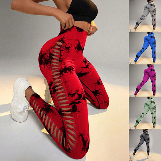 Hollow Tie Dye Printed Yoga Pants High Waist Seamless Pants For Women