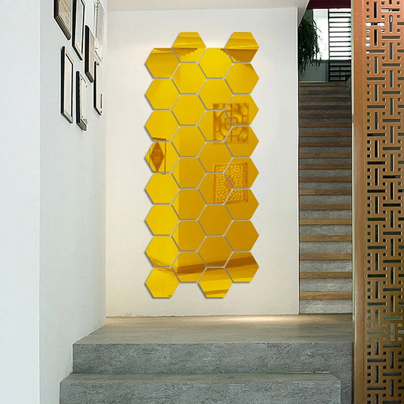 6/12pcs 3D Mirror Wall Sticker Hexagon Decal Home Decor DIY