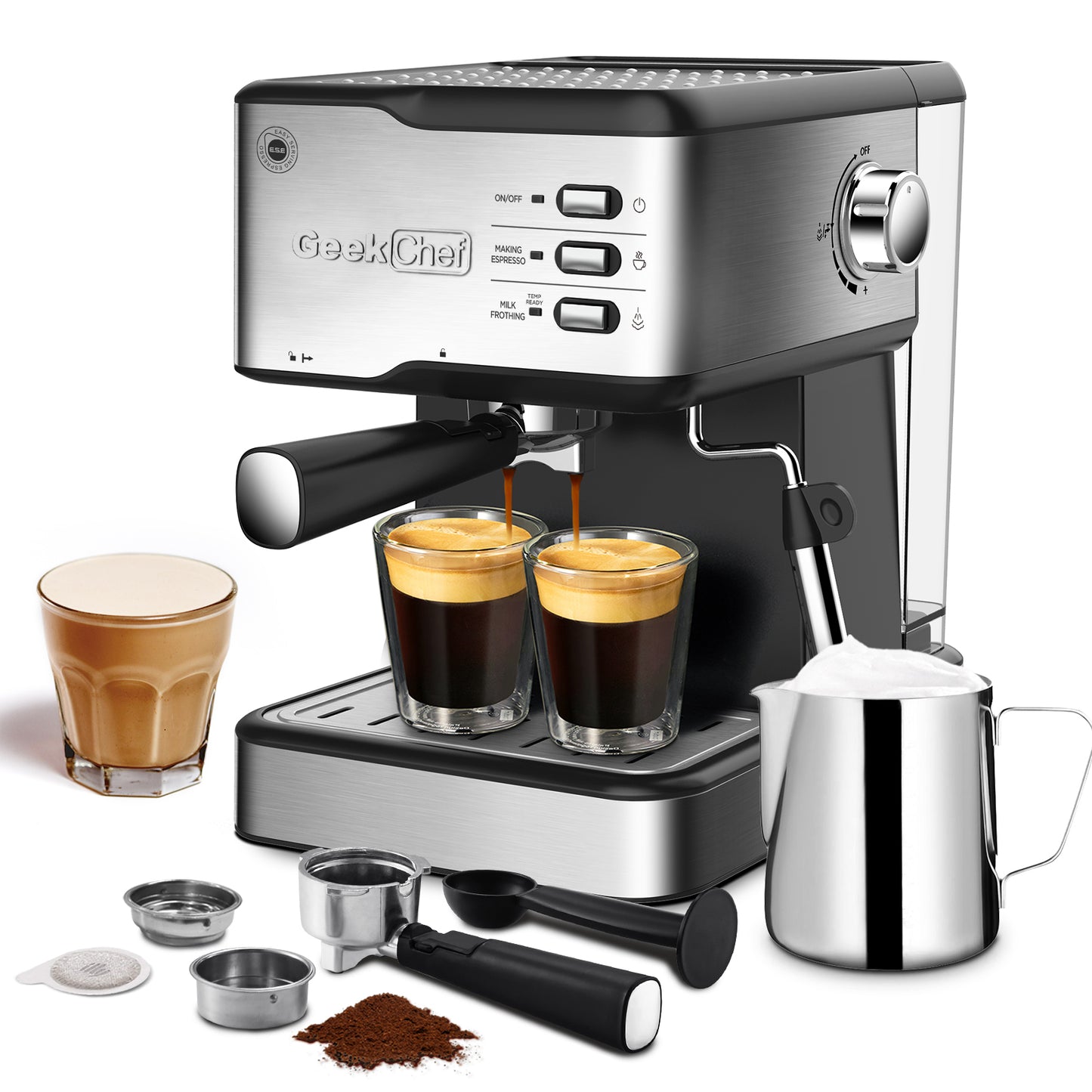 Geek Chef Espresso Machine, Espresso&Cappuccino Latte Maker 20 Bar Coffee Machine Compatible With ESE POD Capsules Filter&Milk Frother Steam Wand, 950W, 1.5L Water Tank