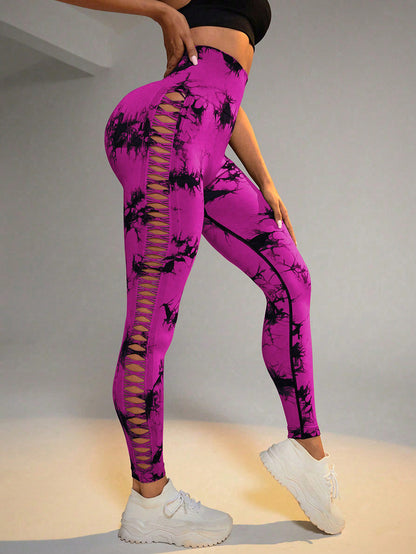 Hollow Tie Dye Printed Yoga Pants High Waist Seamless Pants For Women