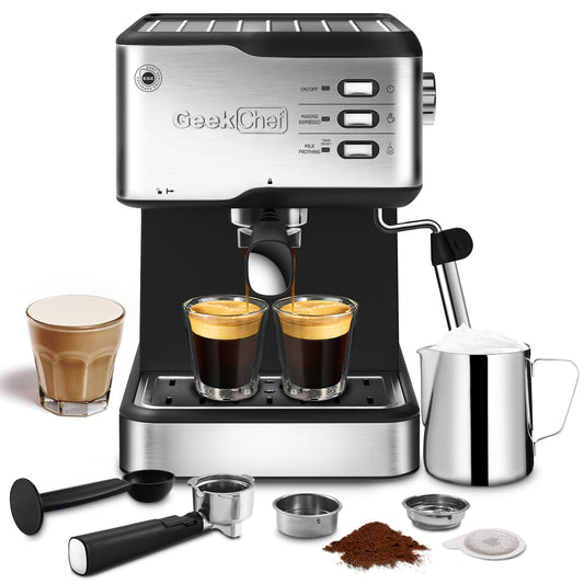 Geek Chef Espresso Machine, Espresso&Cappuccino Latte Maker 20 Bar Coffee Machine Compatible With ESE POD Capsules Filter&Milk Frother Steam Wand, 950W, 1.5L Water Tank